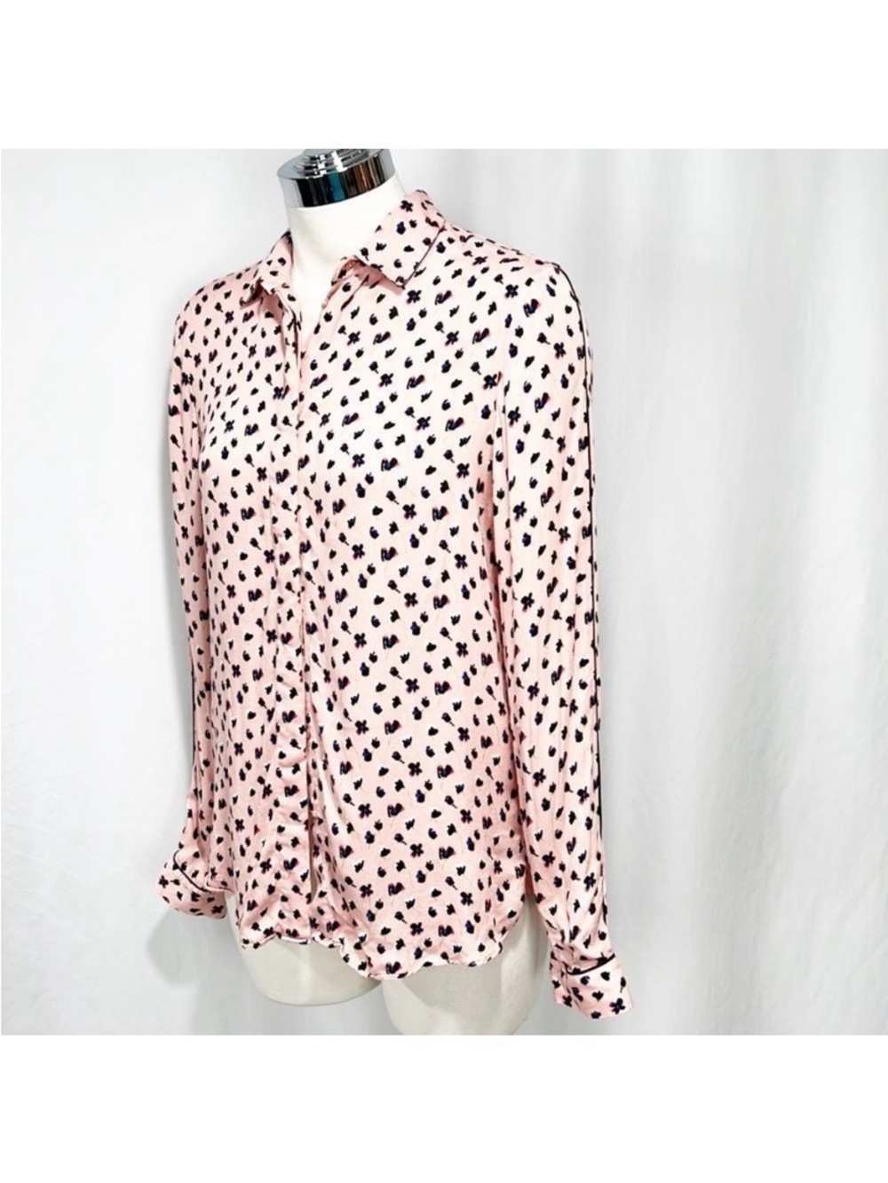 Massimo Dutti Pink Floral Button Down Blouse Black Piping Sz 2 XS